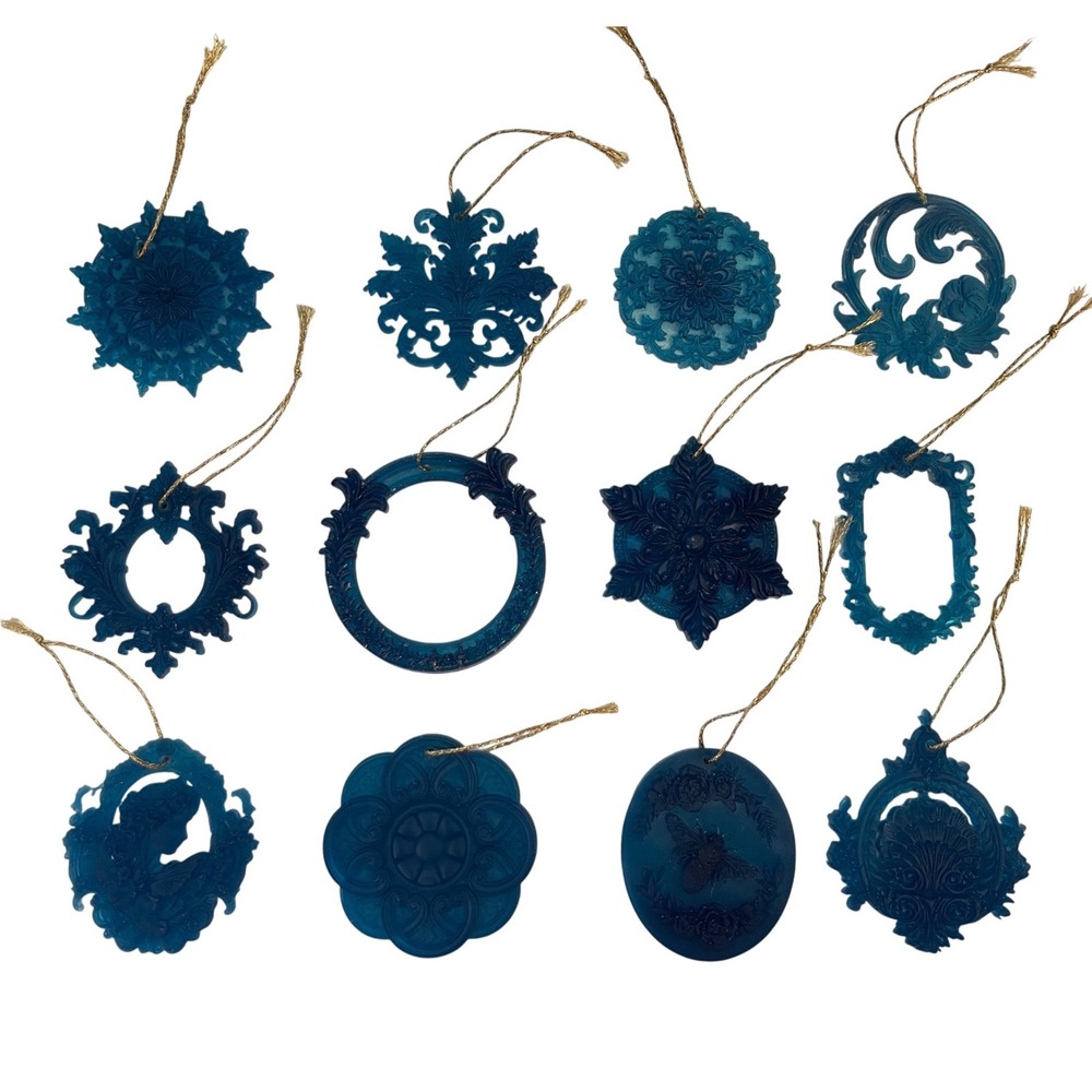 12pc Blue Baroque Resin Ornaments Set Snowflake Bee Cameo Blue Holiday Deco NEW